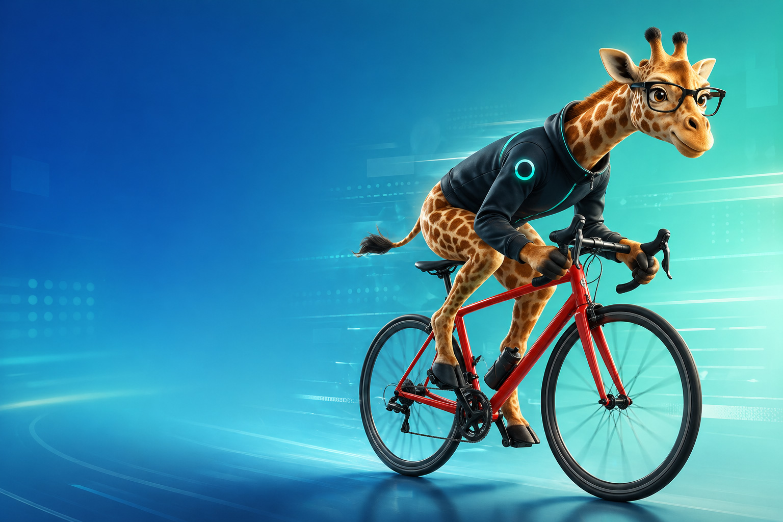 Flexy, die emediaone Business-Booster Giraffe auf einem Fahrrad